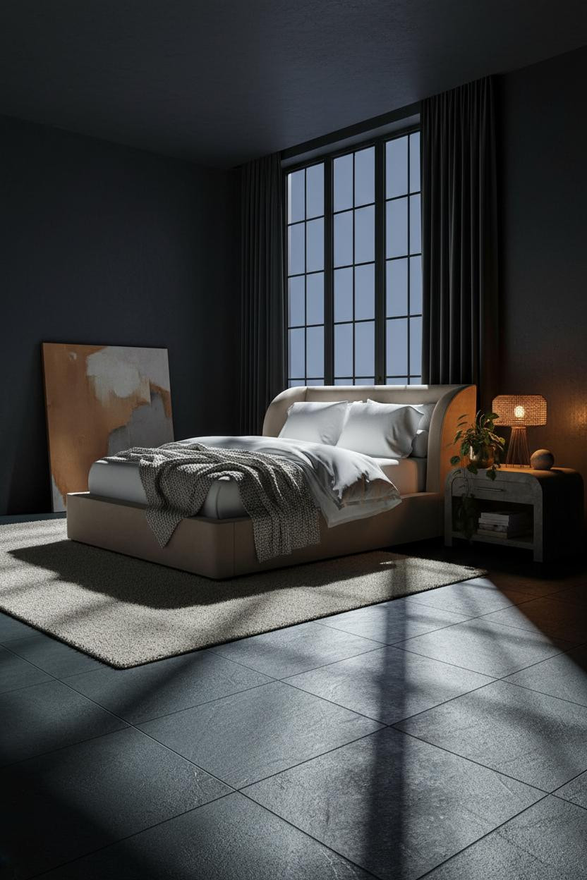 Moody Guest Bedroom Charcoal Walls Steel Windows