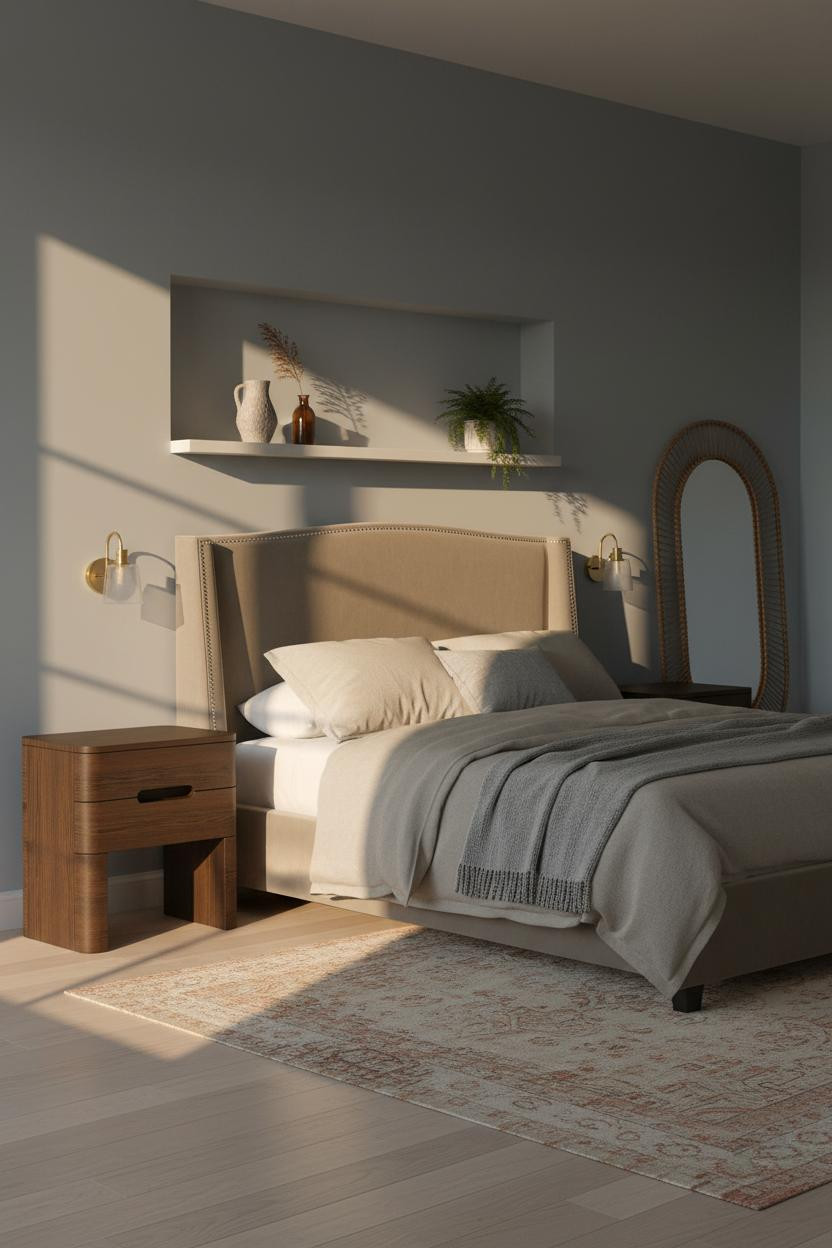 Moody Guest Bedroom Dark Walls Floating Shelf