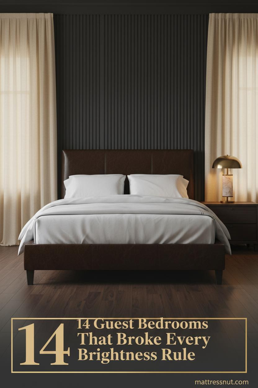 Moody guest bedroom with deep charcoal plaster wall, espresso headboard, dark walnut floors, brass lamp casting warm amber glow