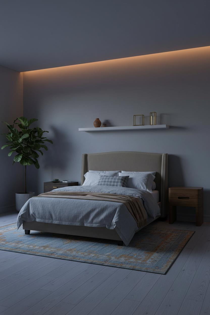 Moody Guest Bedroom Dark Indigo Shelving