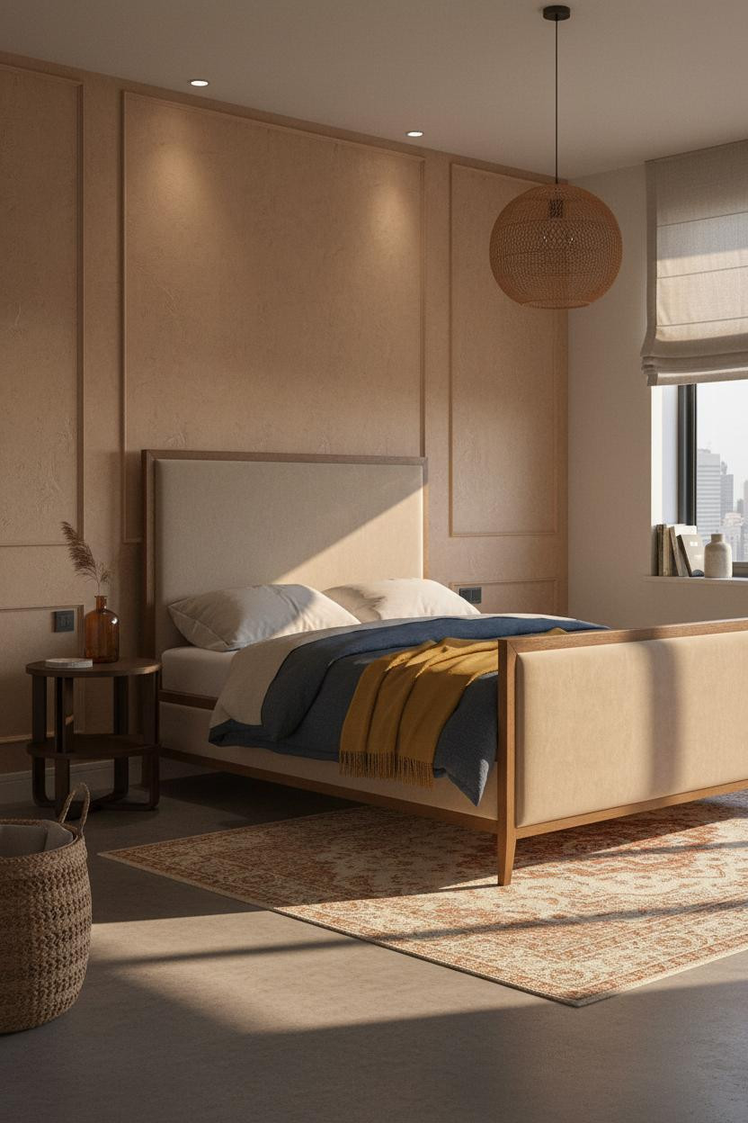 Moody Guest Bedroom Warm Lighting Wood