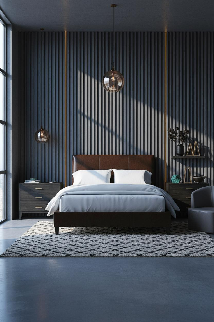 Moody Maximalist Bedroom Charcoal Slatted Wall