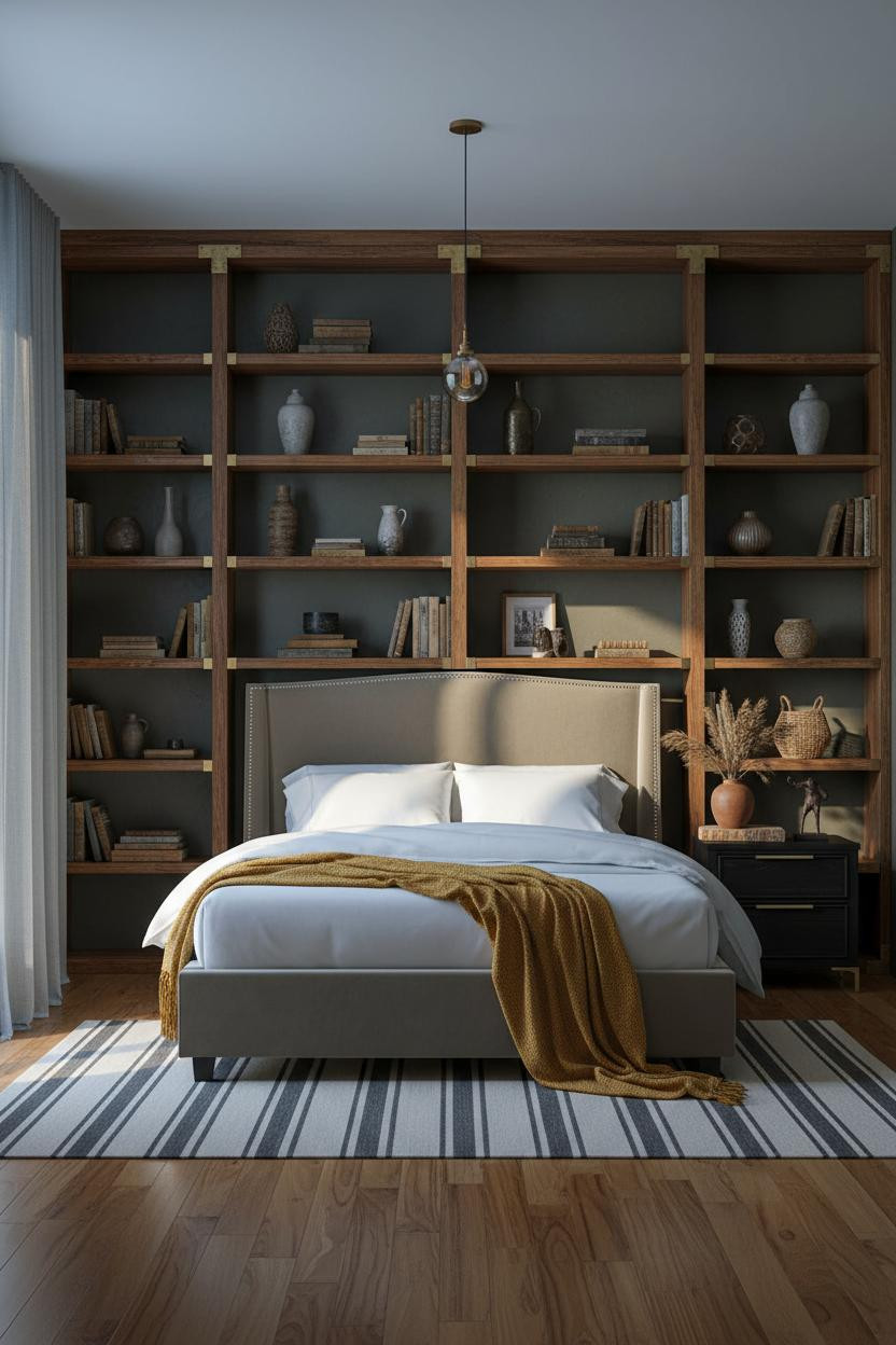 Moody Maximalist Bedroom Dark Shelving