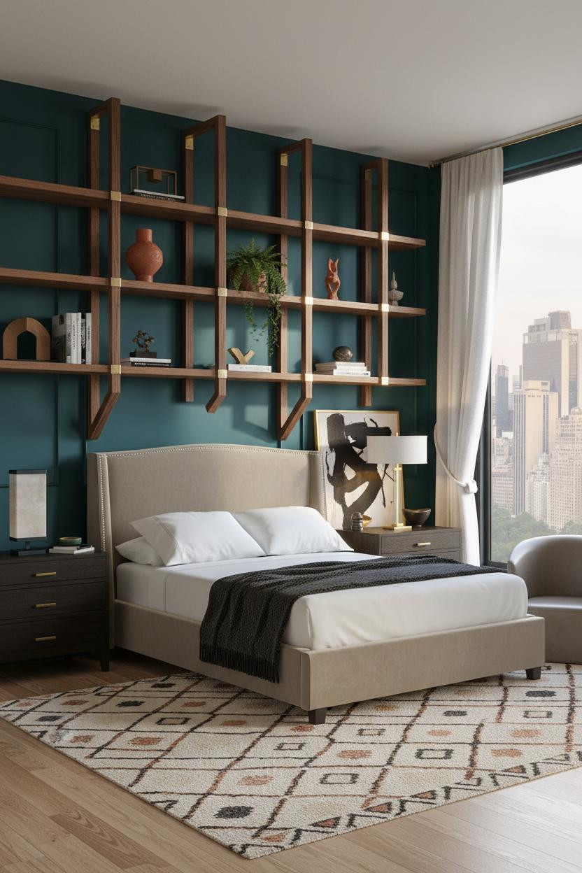 Moody Maximalist Bedroom Walnut Shelving Brass