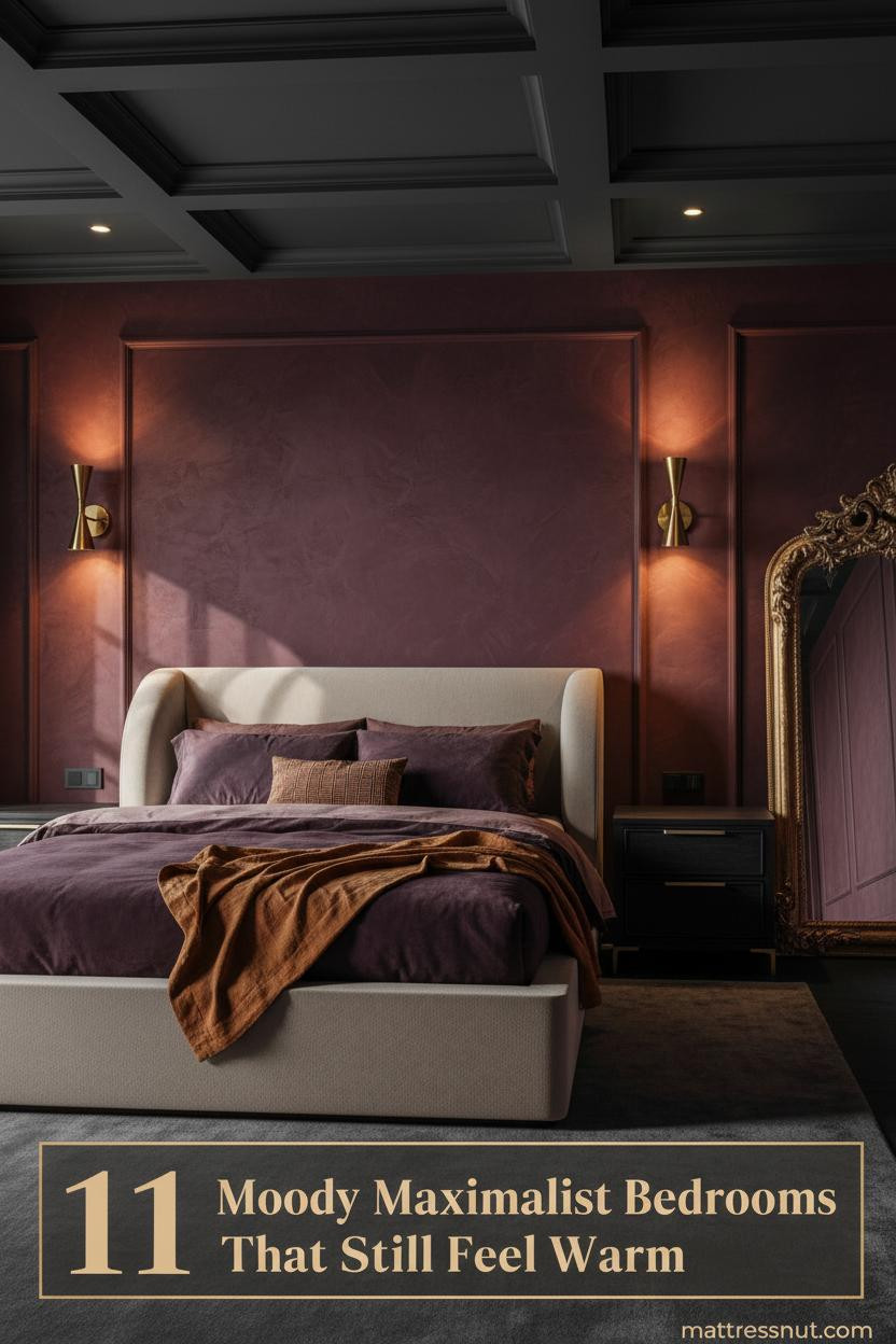 Dark maximalist bedroom with coffered charcoal ceiling, burgundy plaster walls, brass sconces, plum velvet bedding, and burnt orange linen throw
