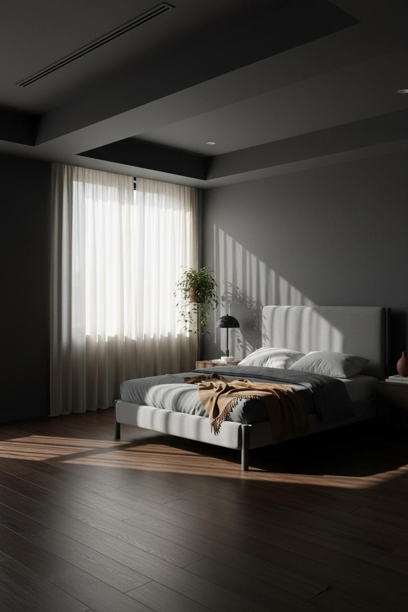 Moody Modern Bedroom Charcoal Geometric Ceiling