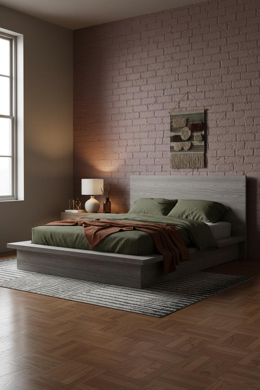 Moody Modern Bedroom Exposed Brick Lamp