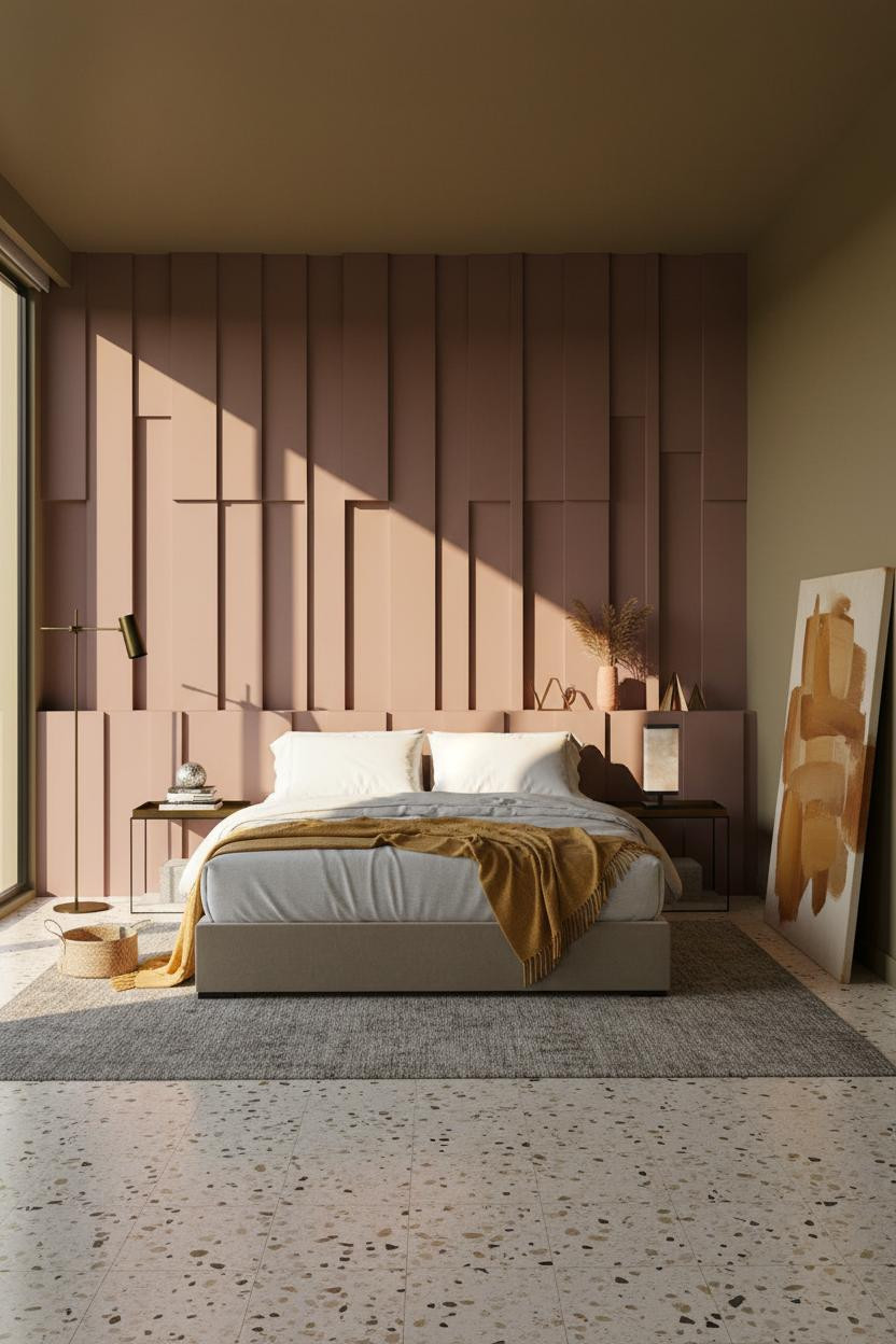 Moody Modern Bedroom Geometric Paneling