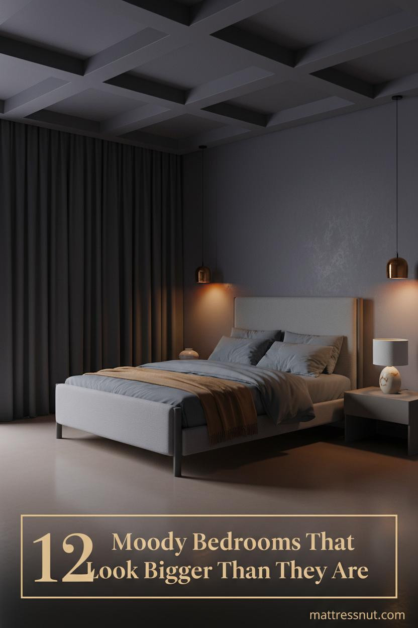 Moody modern bedroom with indigo charcoal walls, coffered clay ceiling, slate percale bedding, camel throw, and warm amber wall sconces