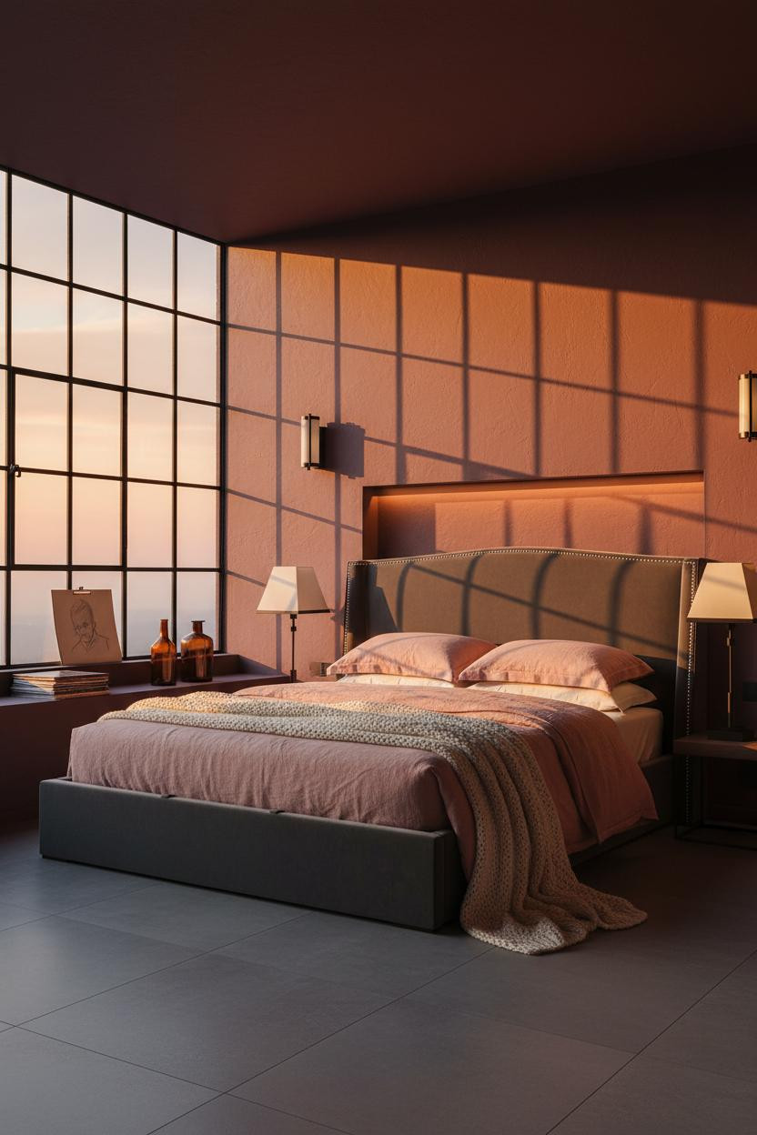 Moody Modern Bedroom Dark Plum Crittall Amber