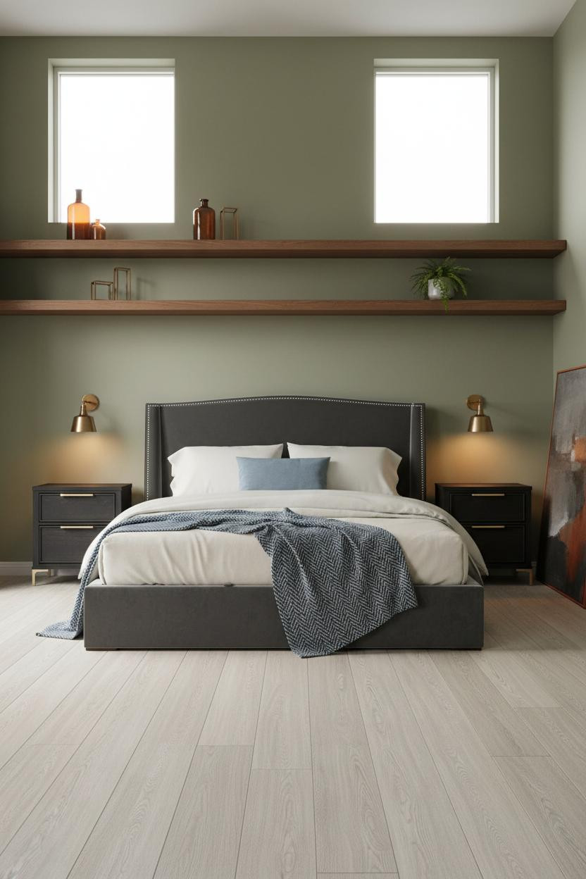 Moody Modern Bedroom Walnut Shelving Sage Green