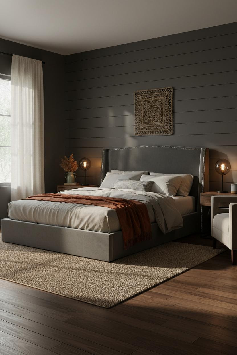 Moody Neutral Bedroom Charcoal Shiplap Farmhouse