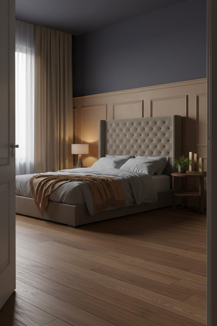 Moody Neutral Bedroom Japandi Wainscoting Design