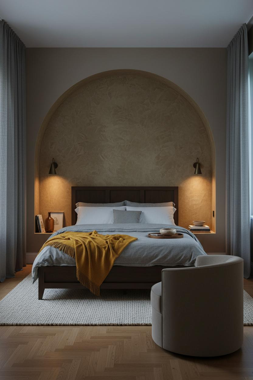 Moody Neutral Bedroom Olive Plaster Accent
