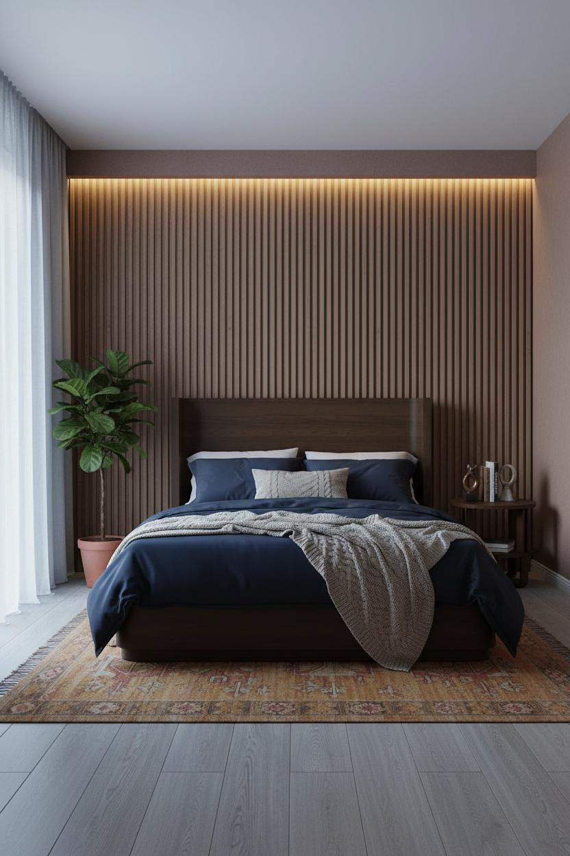 Moody Neutral Bedroom Walnut Wood Wall