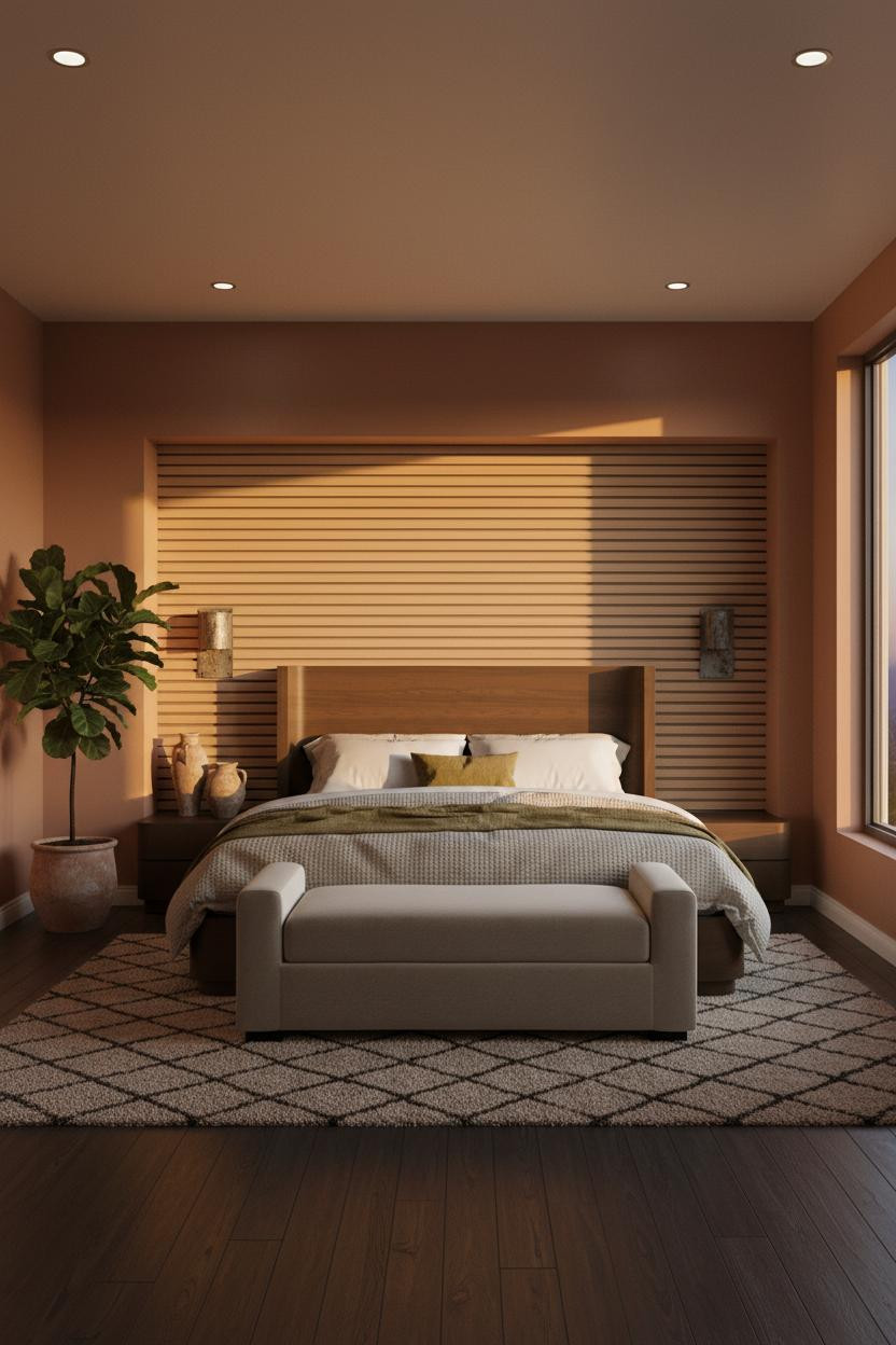 Moody Neutral Bedroom Wood Slat Wall