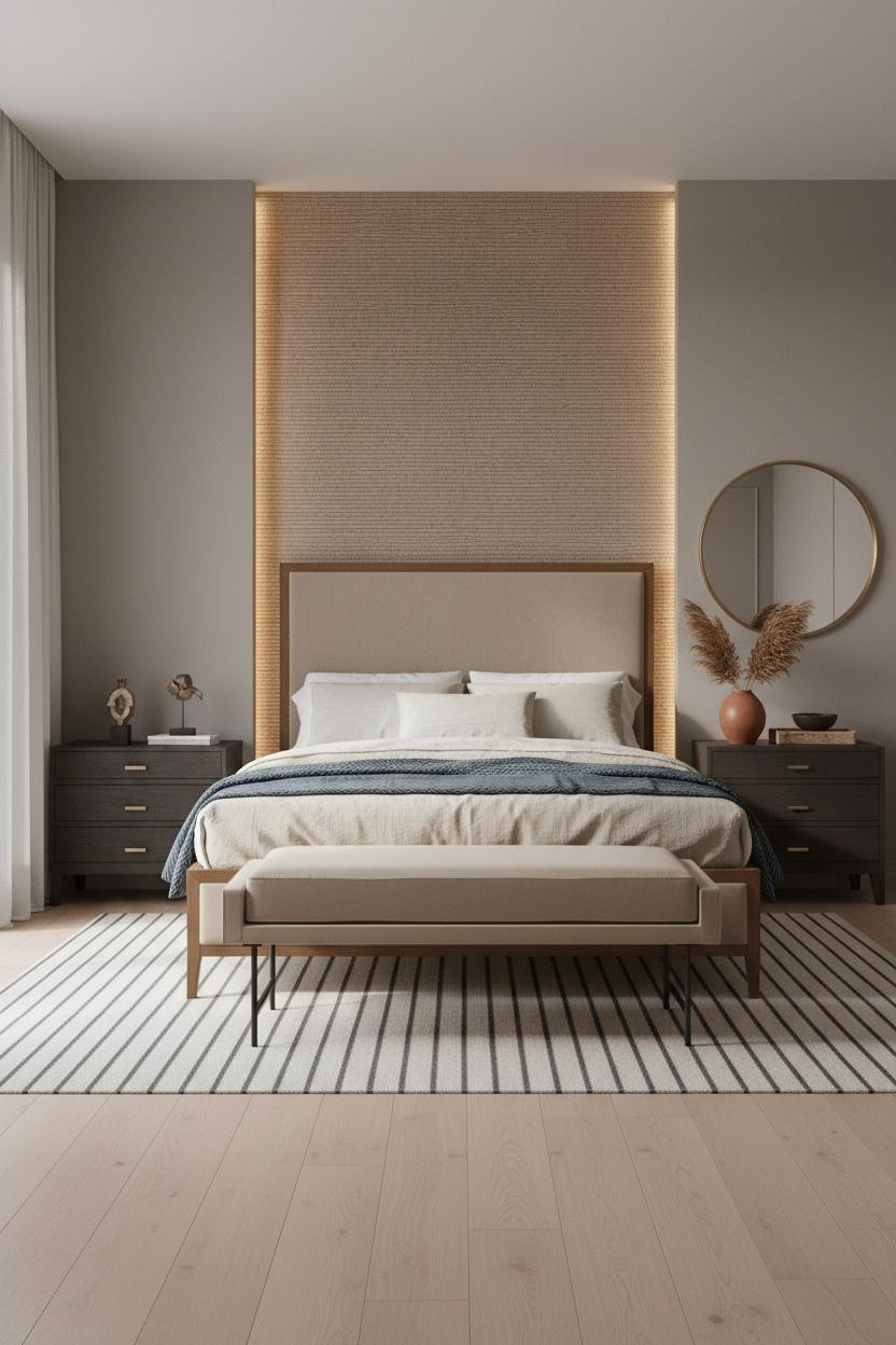 Moody Neutral Bedroom Woven Herringbone Wall