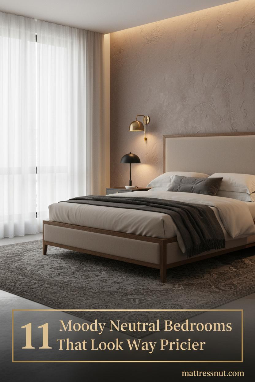 Moody neutral bedroom with mushroom plaster accent wall, ivory linen bedding, charcoal wool throw, brass sconce, and gauze curtains diffusing soft light