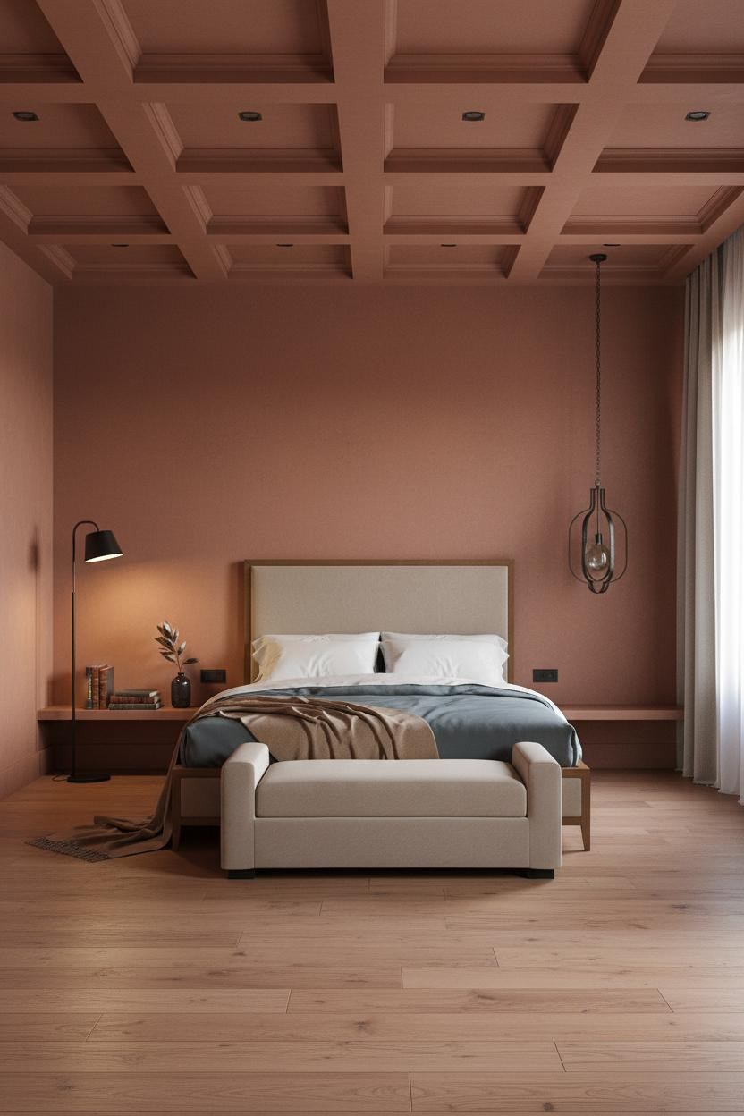 Moody Pink Bedroom Dark Academia Coffered Ceiling
