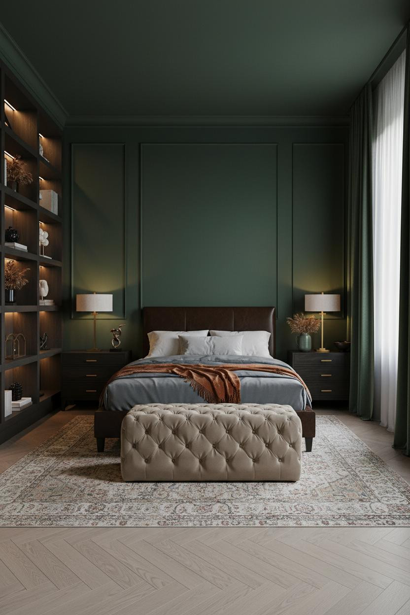 Moody Pink Bedroom Dark Green Shelving