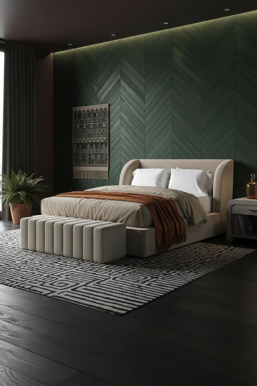 Moody Pink Bedroom Green Herringbone Wall