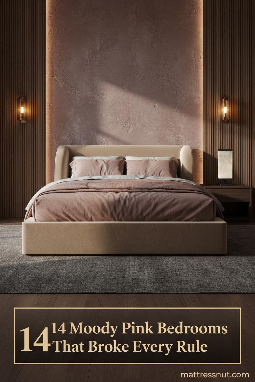 Moody pink bedroom with raw plum plaster accent wall, dusty pink linen duvet, dark walnut nightstand, amber sconces, and fluted oak panels