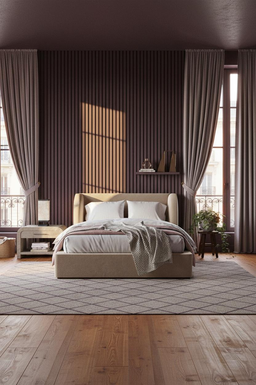 Moody Purple Bedroom Eggplant Plum Wood Paneling