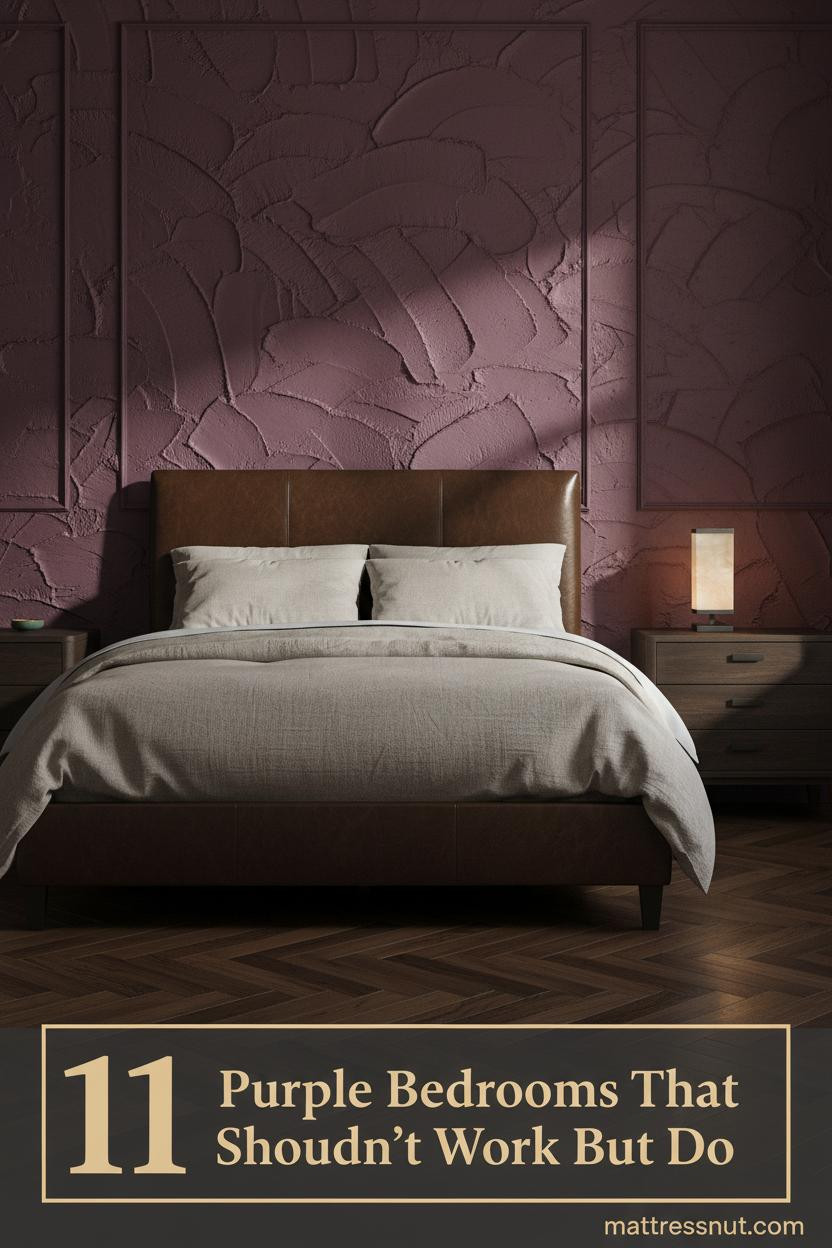 Aubergine plaster accent wall with trowel texture, dark walnut herringbone floor, brass sculptural lamp, and oatmeal linen bedding in a moody purple bedroom