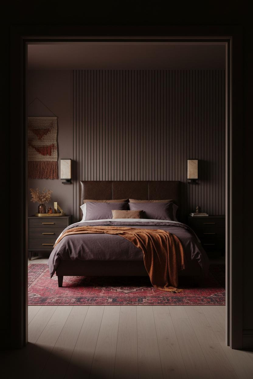 Moody Romantic Bedroom Burgundy Paneling
