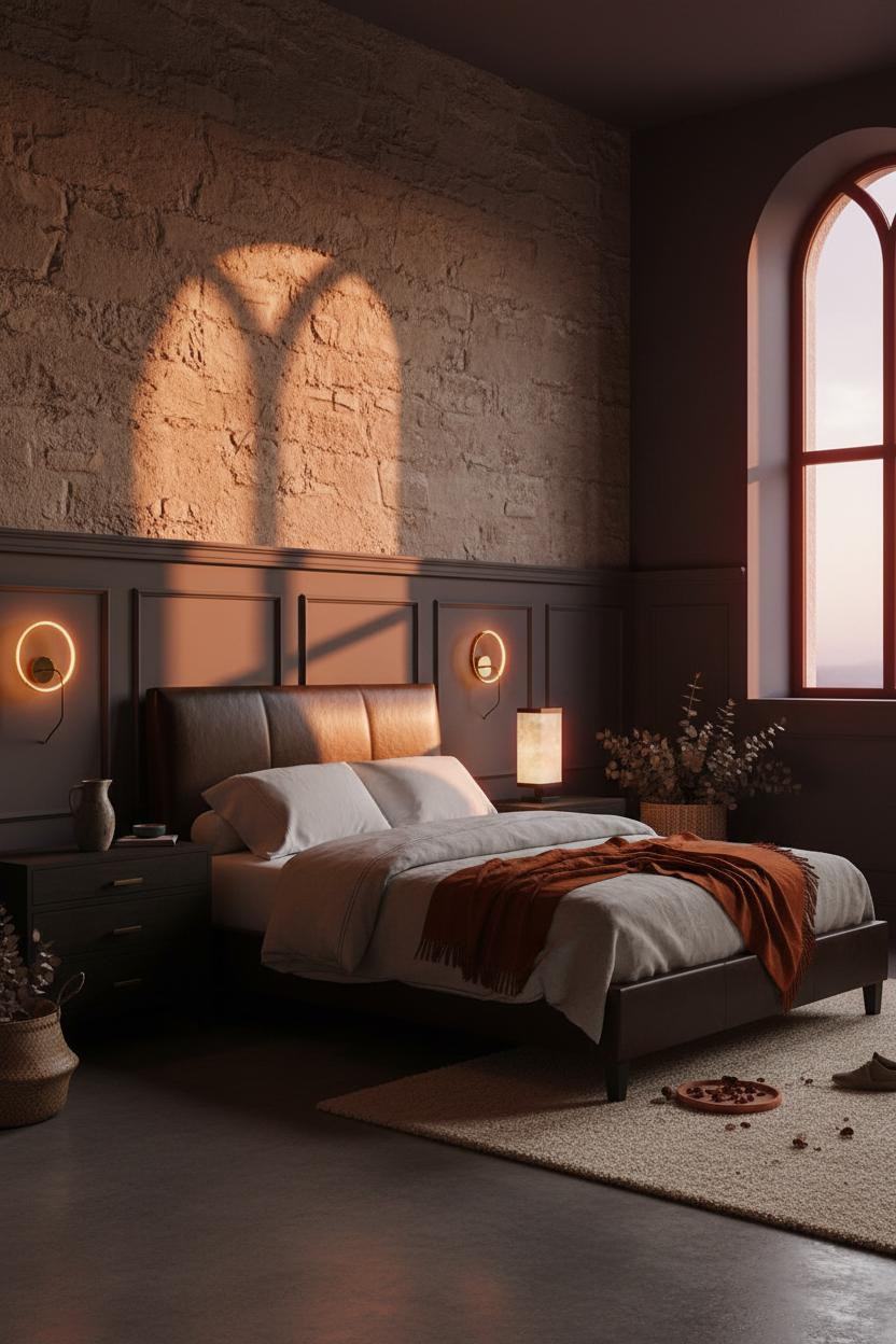 Moody Romantic Bedroom Burgundy Wainscoting