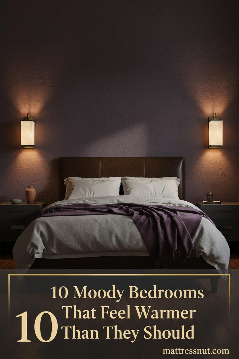 Moody romantic bedroom with eggplant plaster wall, dark leather headboard, oatmeal bedding, plum throw, and antique brass sconces casting amber light