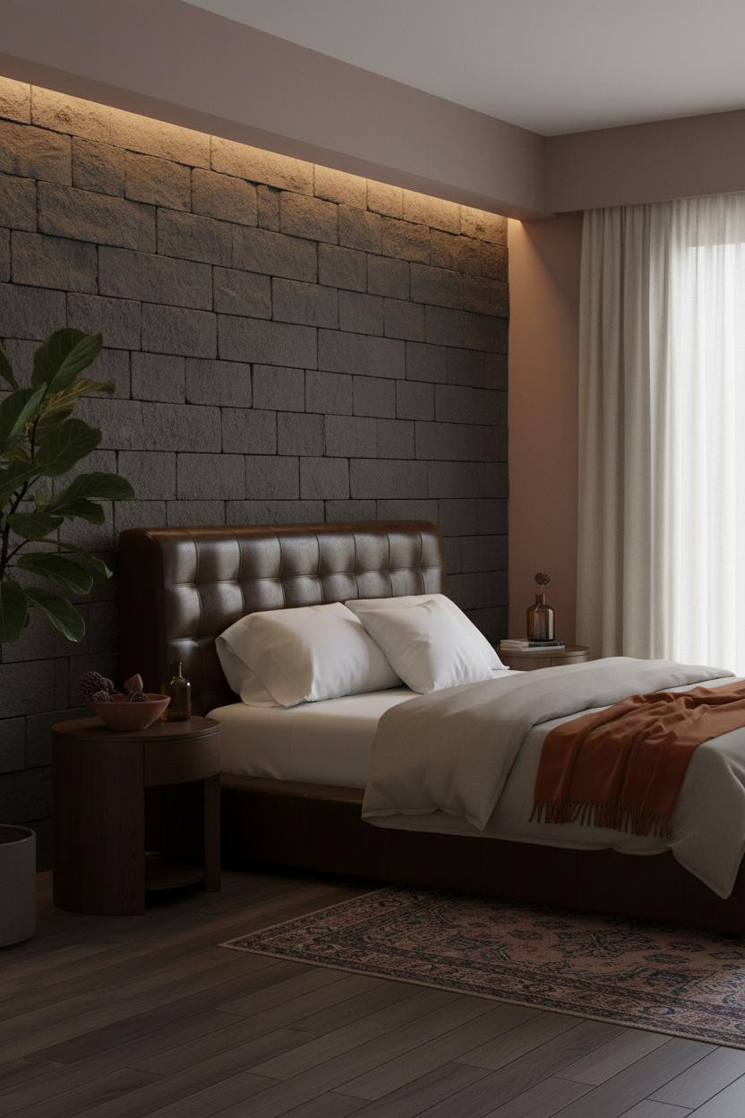Moody Romantic Bedroom Stone Accent Wall