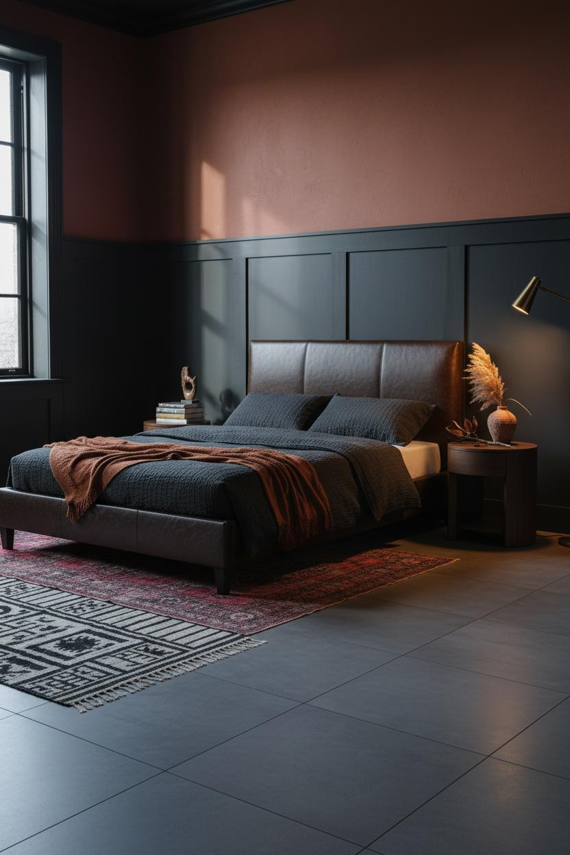 Moody Romantic Bedroom Wainscoting Brass Lighting