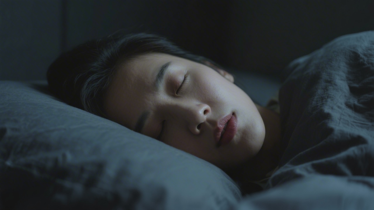 Person mouth breathing during sleep in a dark bedroom