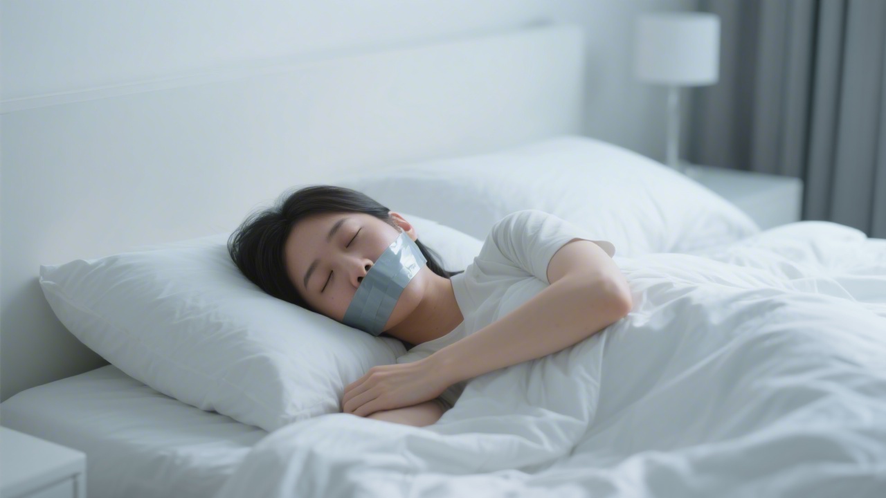 Person sleeping peacefully with mouth tape for nasal breathing