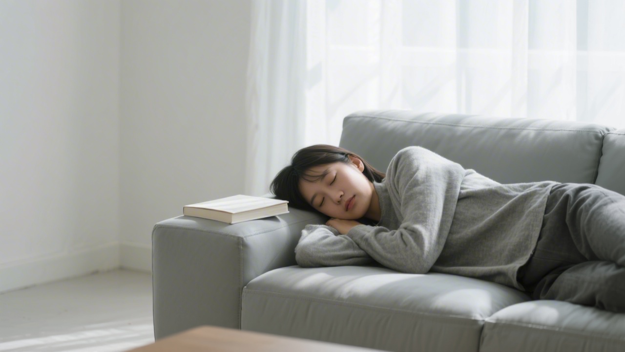 Person napping on a sofa during the afternoon in a bright minimalist living room