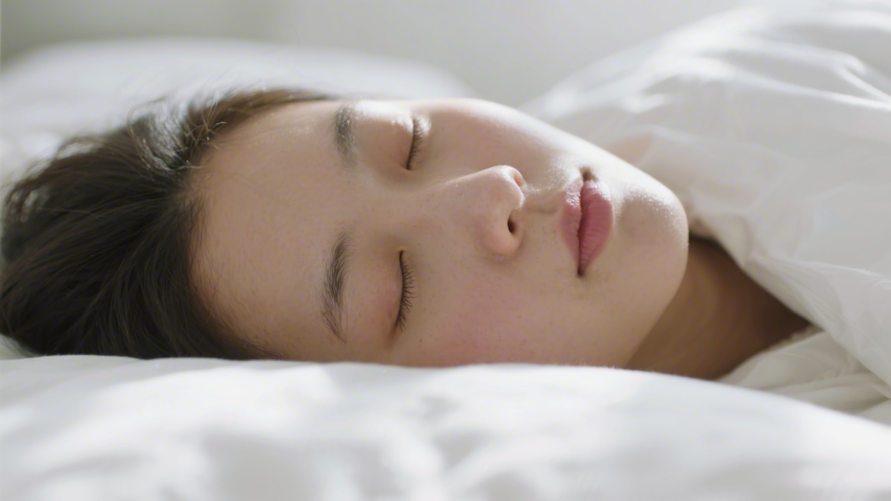 Person nasal breathing during sleep on a white pillow