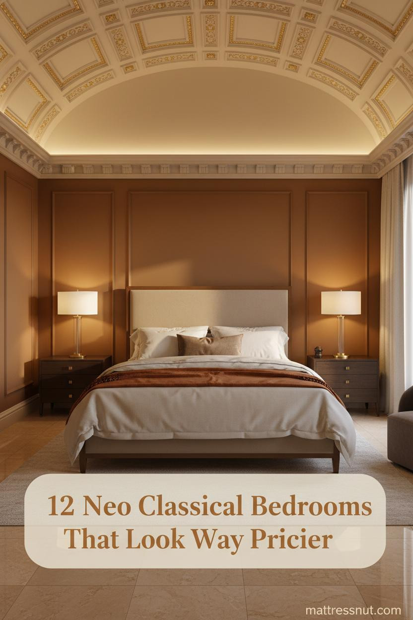 Neo classical bedroom with barrel-vaulted cream ceiling, gilded coffers, caramel walls, honey marble floors, and ivory linen bedding with brass lamp