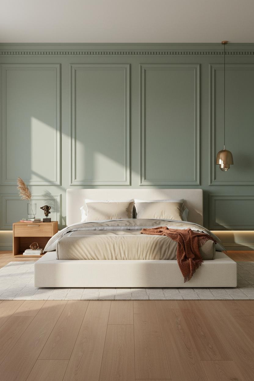 Neo Classical Bedroom Sage Green Paneling Brass Accents