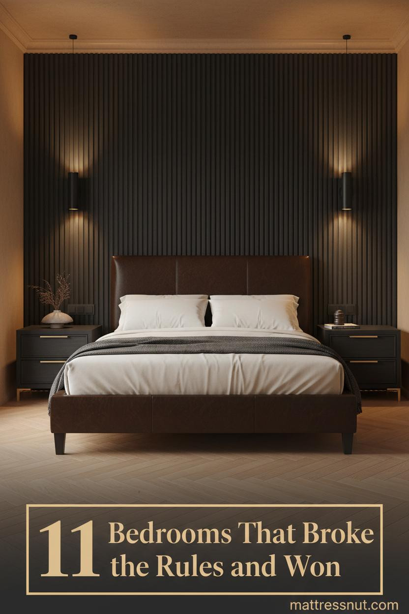 Japandi bedroom with matte black fluted panels, camel plaster walls, ivory percale bedding, charcoal linen throw, and warm oak herringbone floors