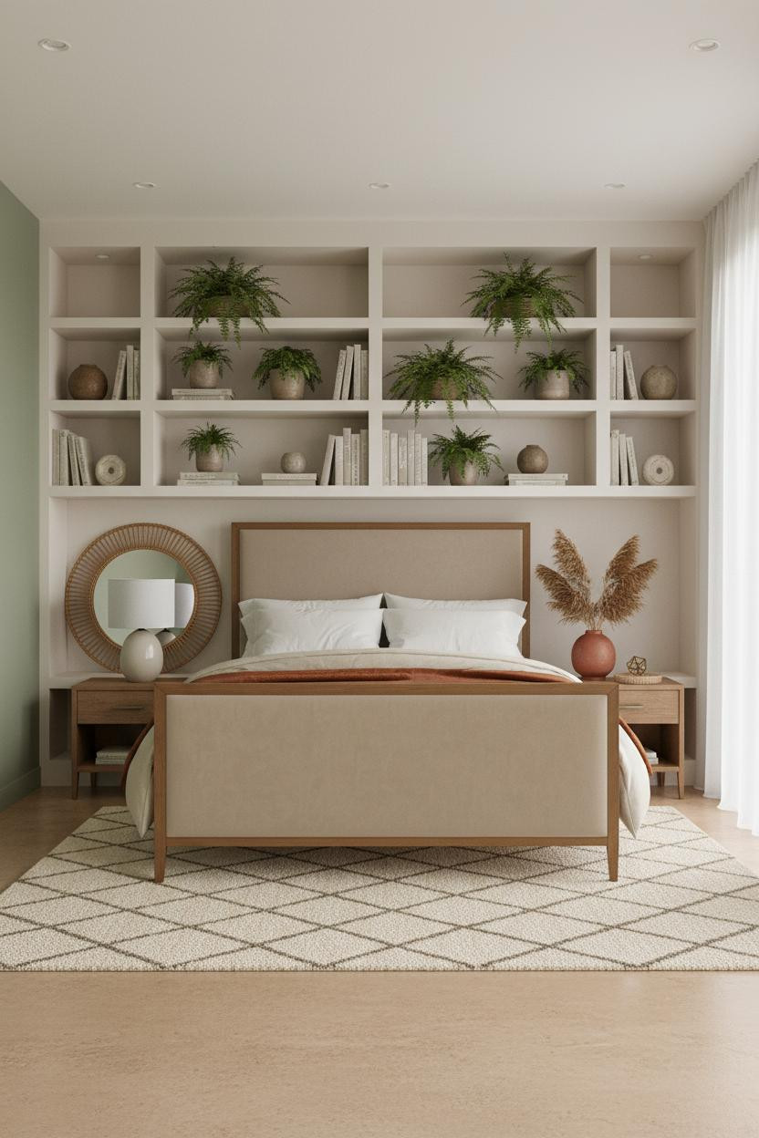 Neutral Bedroom Built In Shelving Natural Light