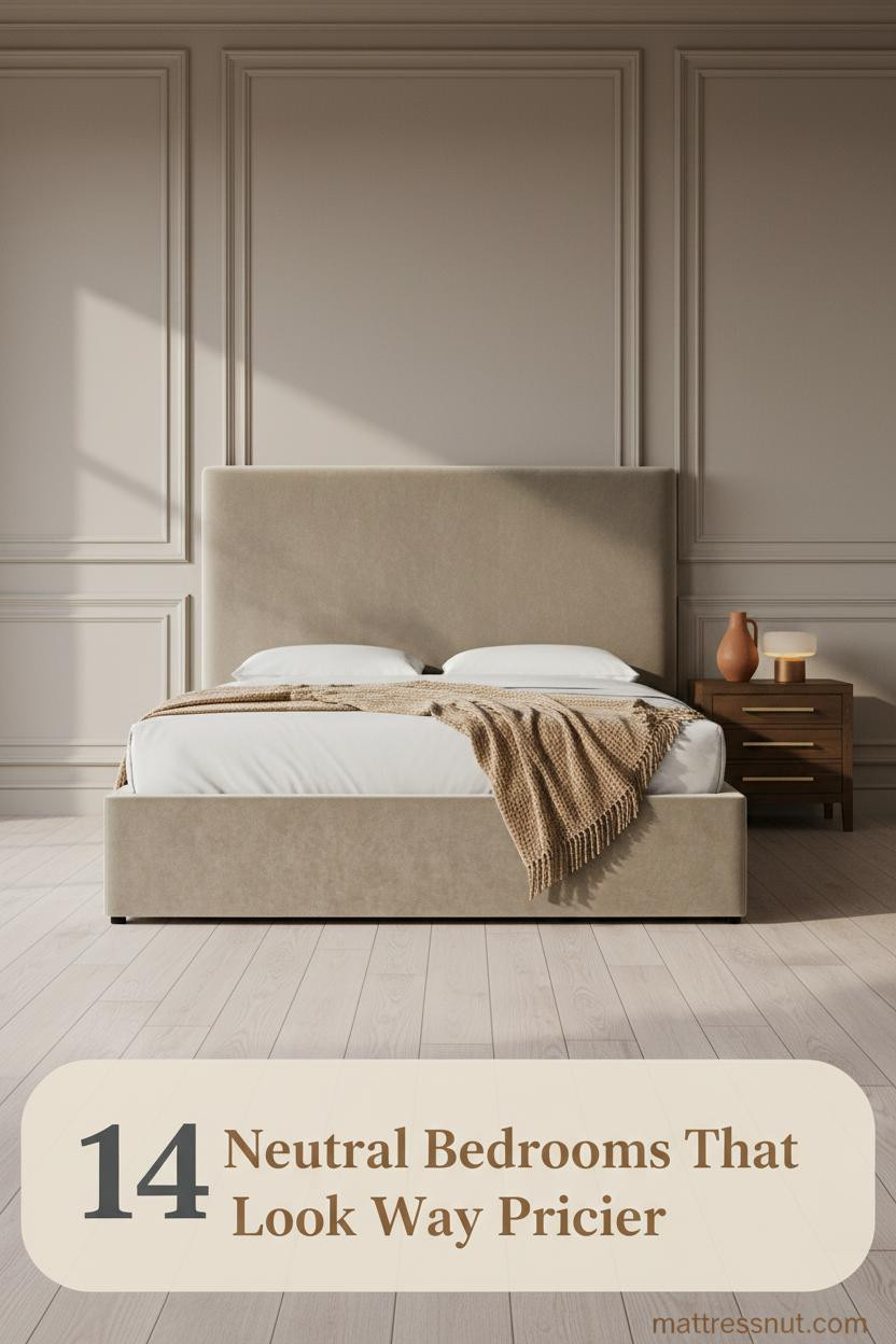 Warm greige paneled accent wall behind ivory linen bed, camel throw, walnut nightstand with terracotta vase, bleached oak floors