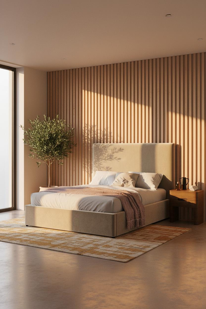 Neutral Bedroom Pop Of Color Oak Accent Wall