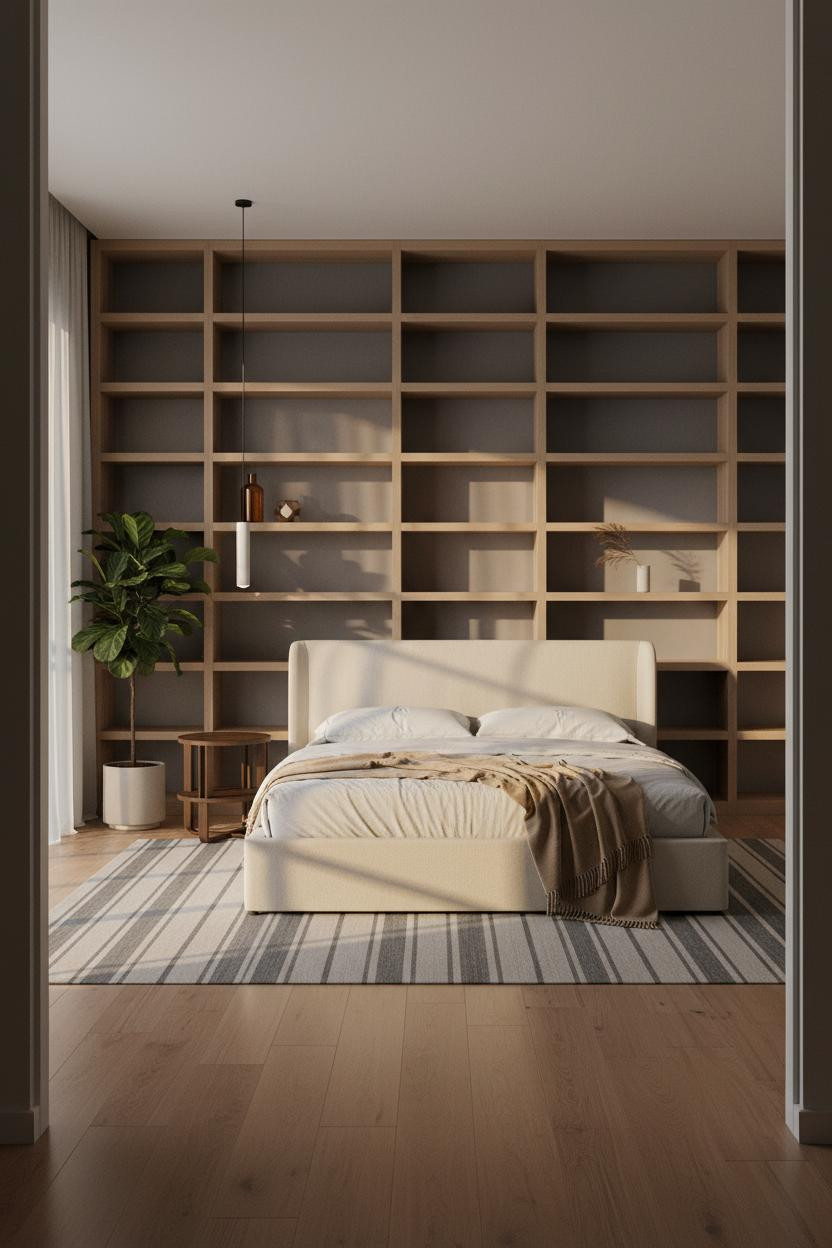 Neutral Bedroom Pop Of Color Oak Shelving