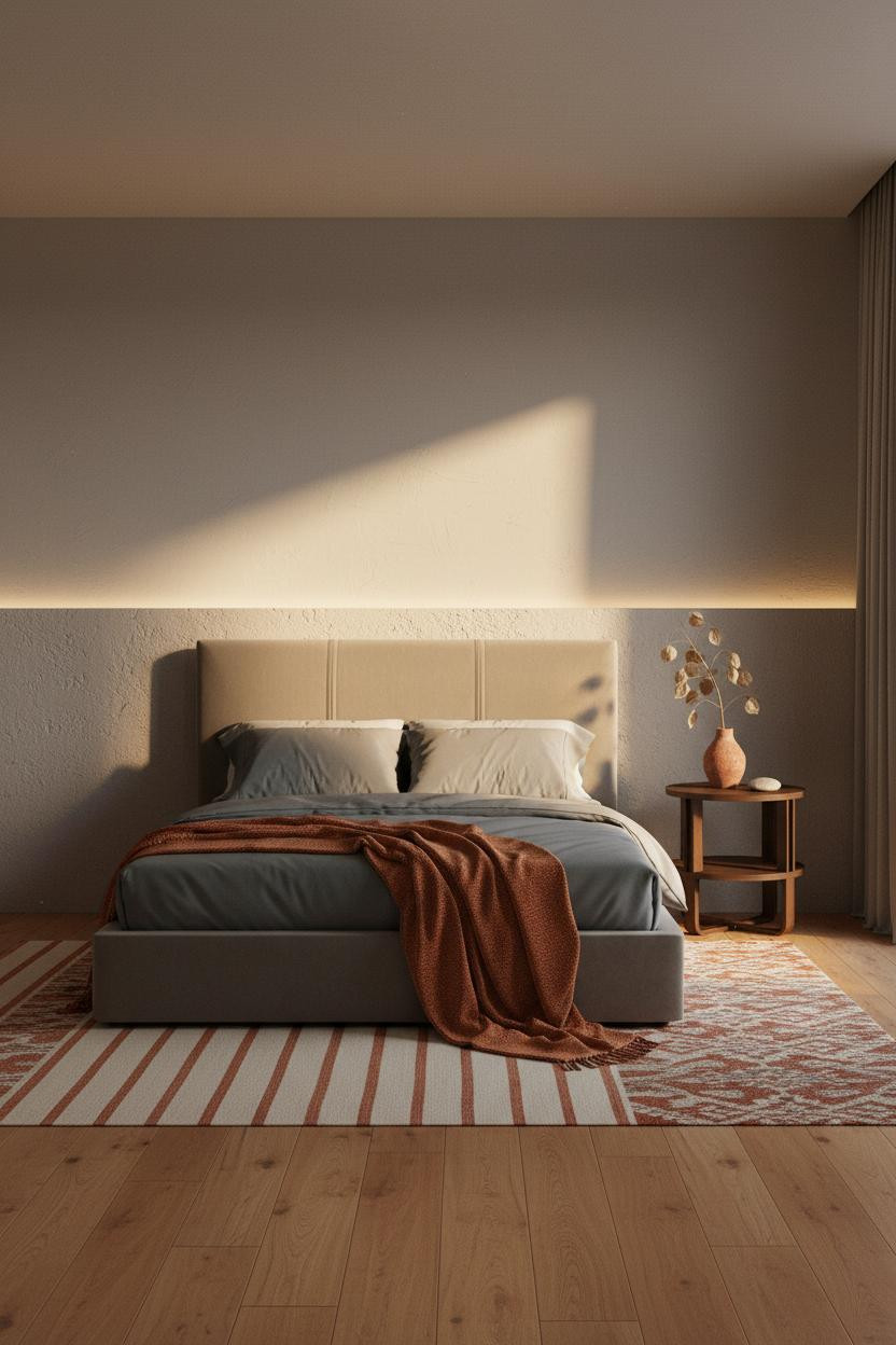 Neutral Bedroom Pop Of Color Terracotta Wainscoting