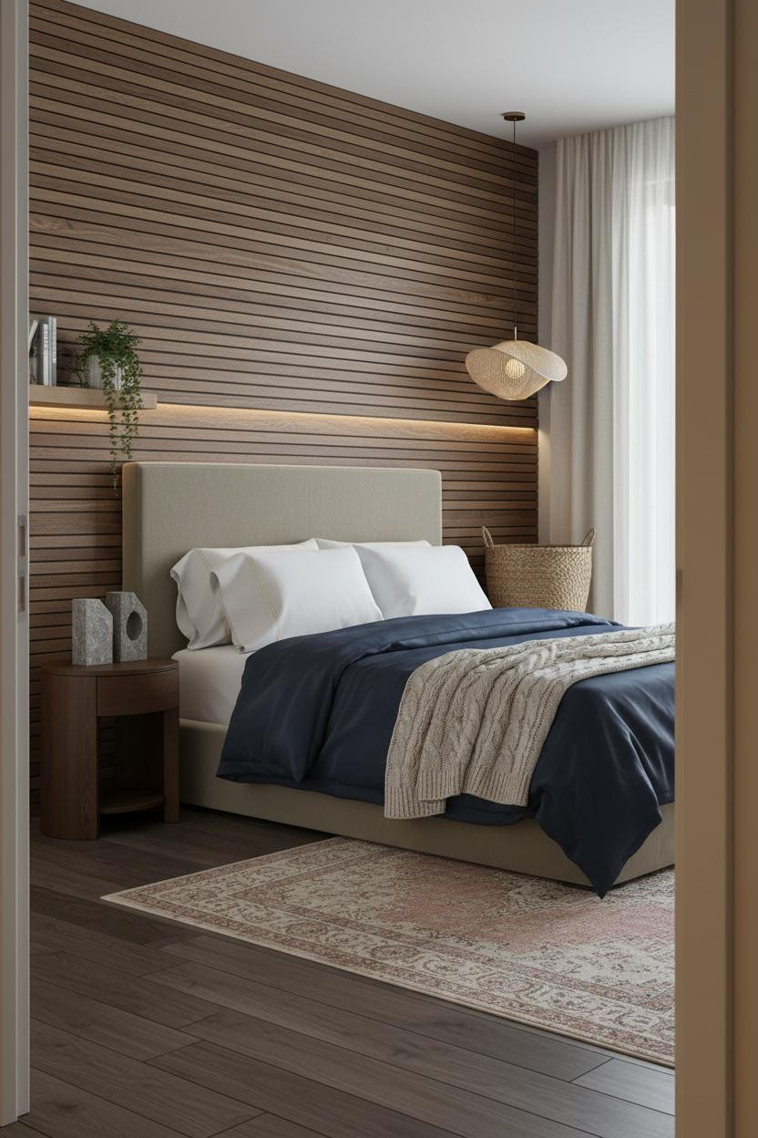 Neutral Bedroom Walnut Headboard Sage Walls