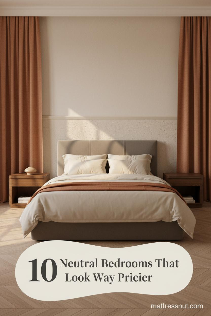 Warm ivory bedroom with rust linen curtains, cream percale bedding, sand plaster wainscoting, herringbone parquet floors and soft afternoon light