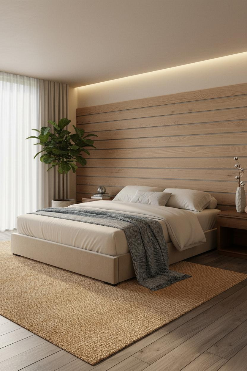 Neutral Bedroom Wood Accent Wall Natural Light
