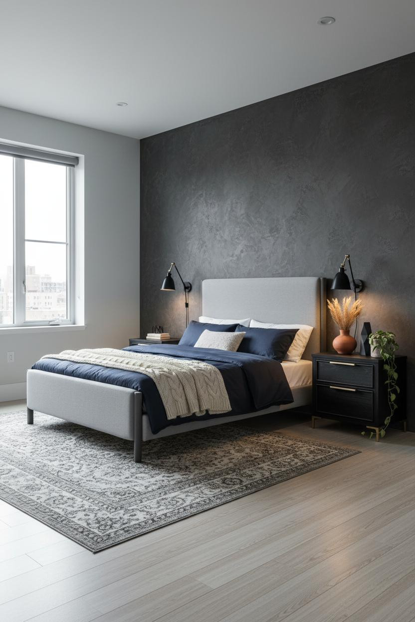 Neutral Black Bedroom Charcoal Plaster Accent