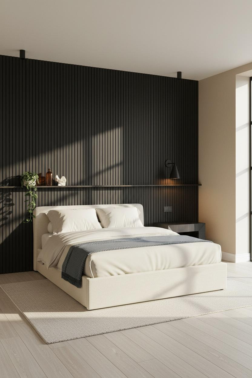 Neutral Black Bedroom Fluted Panels
